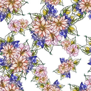 Sorunsuz vintage tarzı parlak çiçek deseni. Renkli çiçek öğeleri