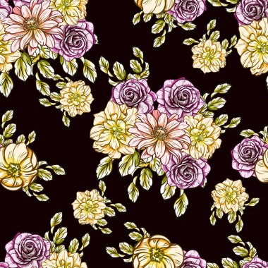 Sorunsuz vintage tarzı parlak çiçek deseni. Renkli çiçek öğeleri