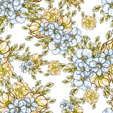 Sorunsuz vintage tarzı parlak çiçek deseni. Renkli çiçek öğeleri