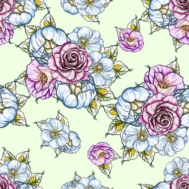 Sorunsuz vintage tarzı parlak çiçek deseni. Renkli çiçek öğeleri