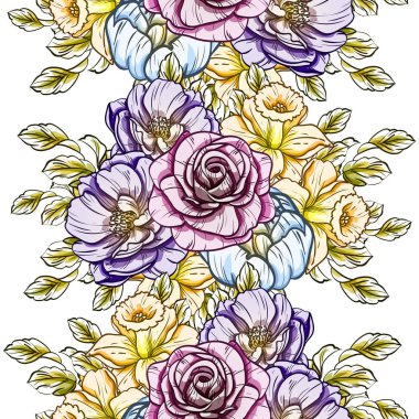 Sorunsuz vintage tarzı parlak çiçek deseni. Renkli çiçek öğeleri