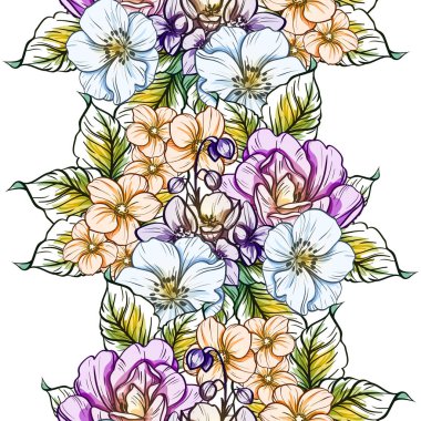 Sorunsuz vintage tarzı parlak çiçek deseni. Renkli çiçek öğeleri