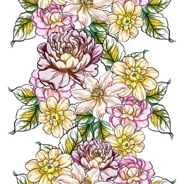 Sorunsuz vintage tarzı parlak çiçek deseni. Renkli çiçek öğeleri