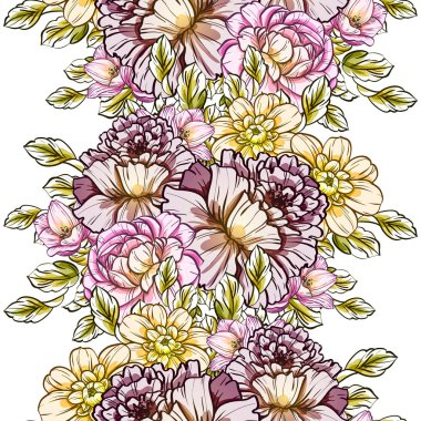 Sorunsuz vintage tarzı parlak çiçek deseni. Renkli çiçek öğeleri