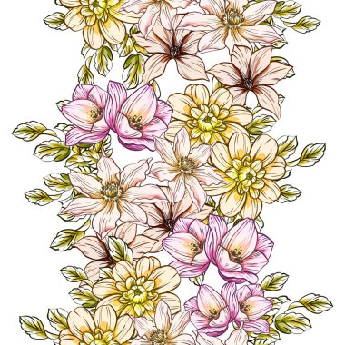 Sorunsuz vintage tarzı parlak çiçek deseni. Renkli çiçek öğeleri