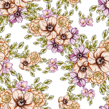 Sorunsuz vintage tarzı parlak çiçek deseni. Renkli çiçek öğeleri