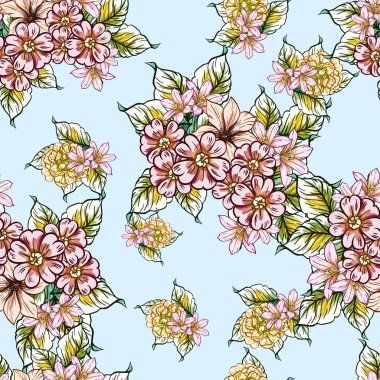 Sorunsuz vintage tarzı parlak çiçek deseni. Renkli çiçek öğeleri