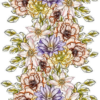 Sorunsuz vintage tarzı parlak çiçek deseni. Renkli çiçek öğeleri