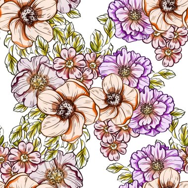 Sorunsuz vintage tarzı parlak çiçek deseni. Renkli çiçek öğeleri