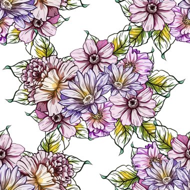 Sorunsuz vintage tarzı parlak çiçek deseni. Renkli çiçek öğeleri