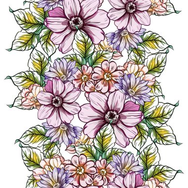 Sorunsuz vintage tarzı parlak çiçek deseni. Renkli çiçek öğeleri