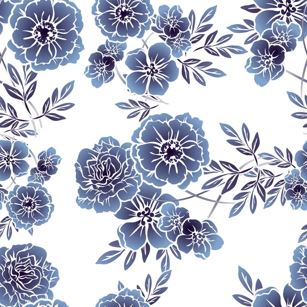 Nahtloser Vintage Stil Monochromes Dunkelblaues Blumenmuster Blütenelemente — Stockvektor