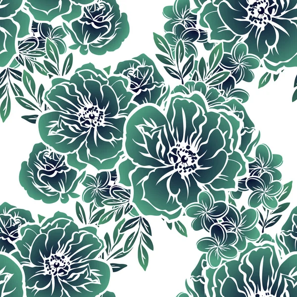 Nahtlose Vintage Stil Monochrom Grün Gefärbte Blumenmuster Blütenelemente — Stockvektor