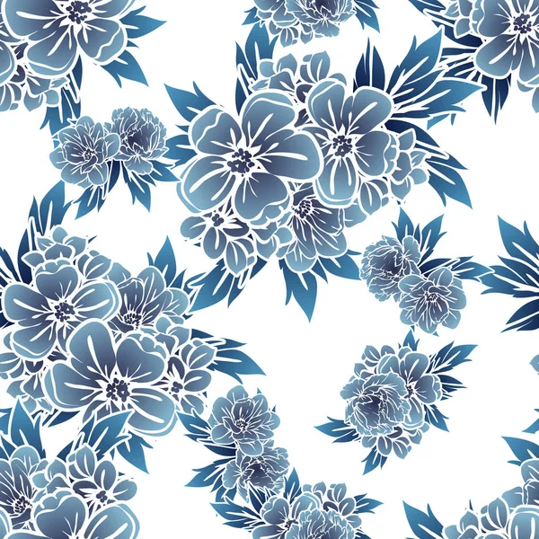 Bezszwowe Stylu Vintage Monochromatyczne Ciemny Niebieski Kolorowe Kwiatki Kwiatowy Elementy — Wektor stockowy