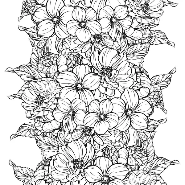 Patrón Flores Estilo Vintage Sin Costuras Elementos Florales Blanco Negro — Vector de stock