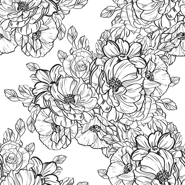 Patrón Flores Estilo Vintage Sin Costuras Elementos Florales Blanco Negro — Vector de stock