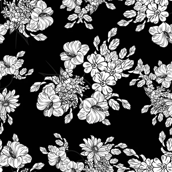 Padrão Flor Estilo Vintage Sem Costura Elementos Florais Preto Branco — Vetor de Stock