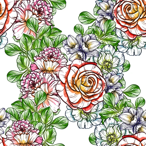 Style Vintage Sans Couture Motif Fleurs Lumineuses Éléments Floraux Couleur — Image vectorielle