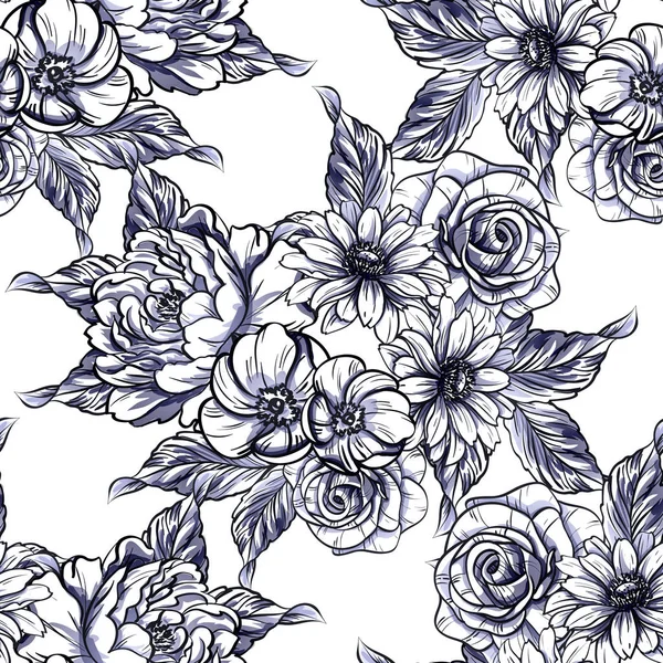 Style Vintage Sans Couture Motif Fleurs Bleu Foncé Éléments Floraux — Image vectorielle