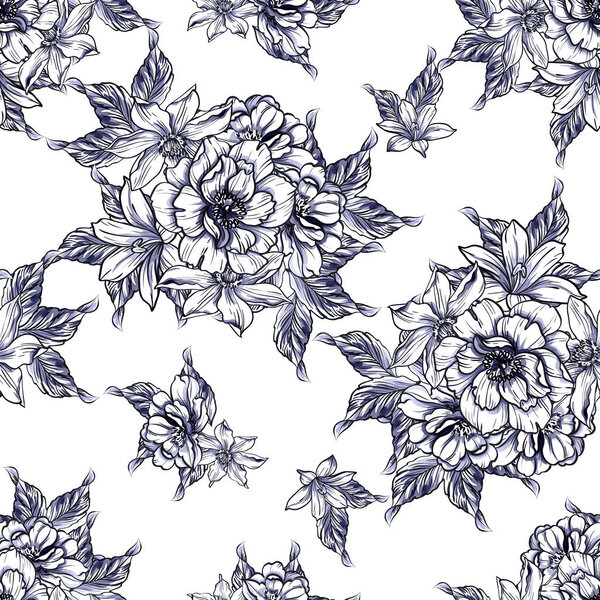 Seamless vintage style dark blue flower pattern. Floral elements.