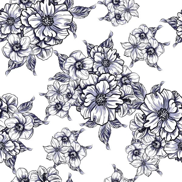 Style Vintage Sans Couture Motif Fleurs Bleu Foncé Éléments Floraux — Image vectorielle