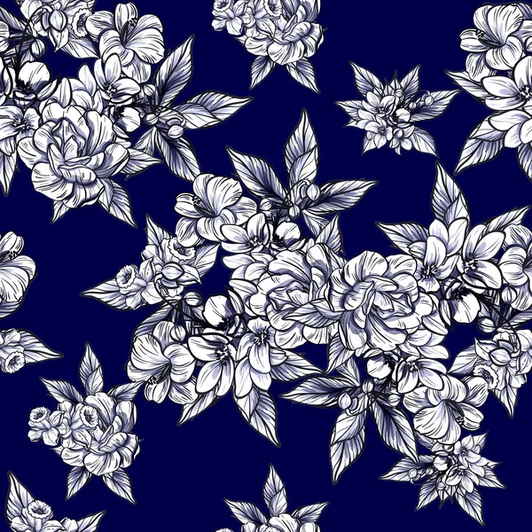 Sorunsuz vintage tarzı koyu mavi çiçek deseni. Çiçek öğeleri.