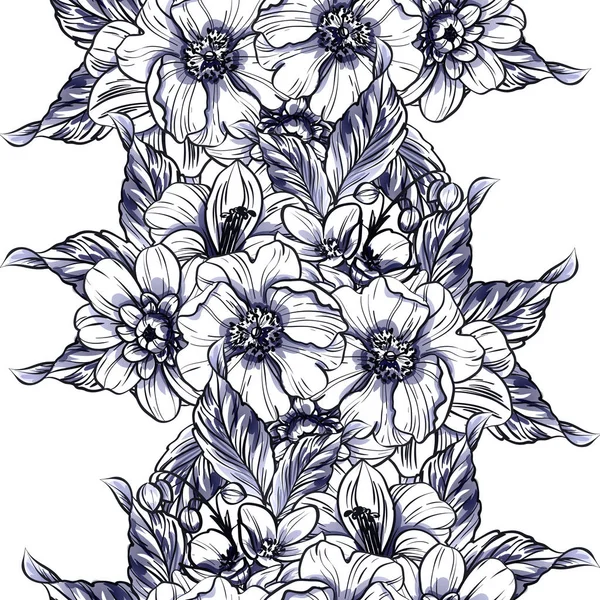Naadloze Vintage Stijl Donker Blauwe Bloemenpatroon Floral Elementen — Stockvector