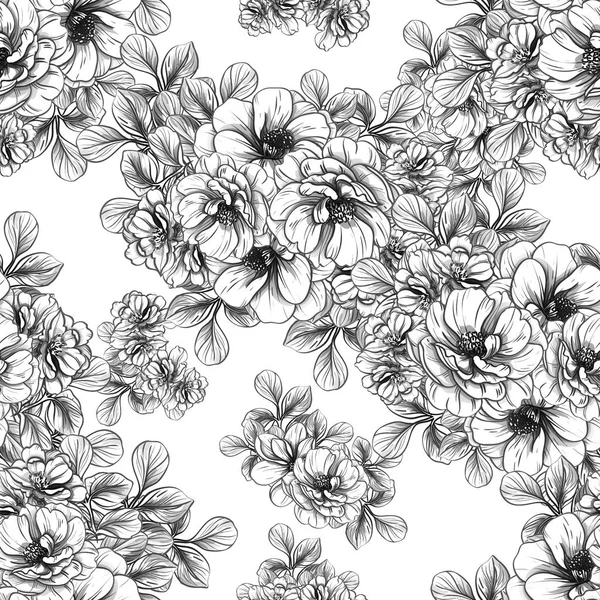 Naadloze Vintage Stijl Bloemenpatroon Floral Elementen Zwart Wit — Stockvector