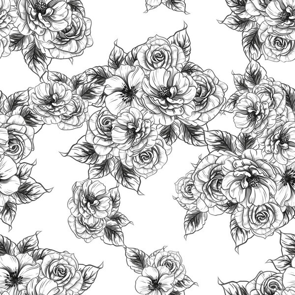Цветочный узор в винтажном стиле. Цветочные элементы в черно-белом цвете
.