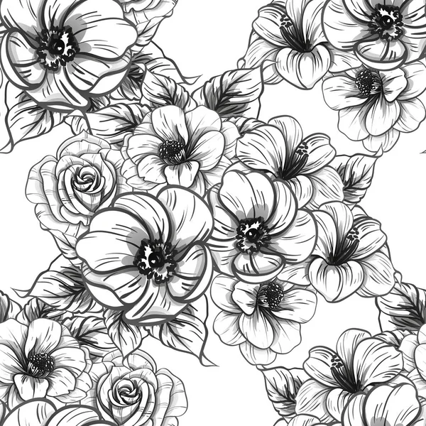 Seamless Vintage Style Flower Pattern Floral Elements Black White — Stock Vector