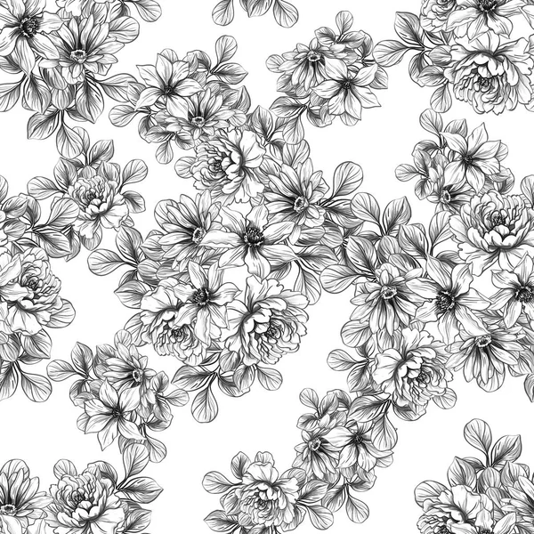 Naadloze Vintage Stijl Bloemenpatroon Floral Elementen Zwart Wit — Stockvector