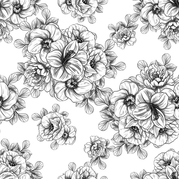 Patrón Flores Estilo Vintage Sin Costuras Elementos Florales Blanco Negro — Vector de stock