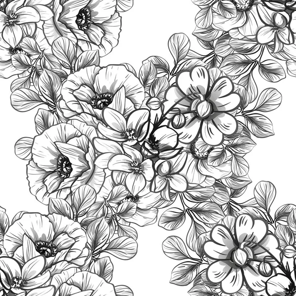 Naadloze Vintage Stijl Bloemenpatroon Floral Elementen Zwart Wit — Stockvector