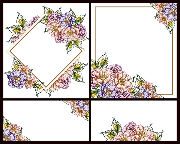 Conjunto Tarjetas Boda Flores Estilo Vintage Elementos Marcos Florales — Archivo Imágenes Vectoriales