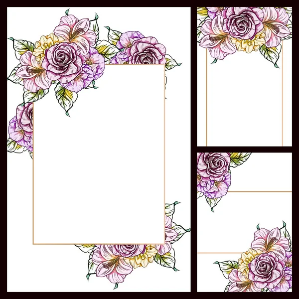 Conjunto Tarjetas Boda Flores Estilo Vintage Elementos Marcos Florales — Archivo Imágenes Vectoriales