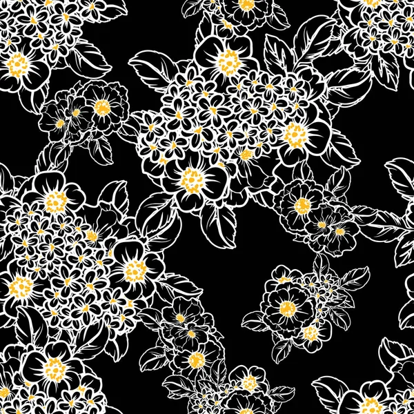 Seamless Vintage Style Flower Pattern Floral Elements Black White Yellow — Stock Vector
