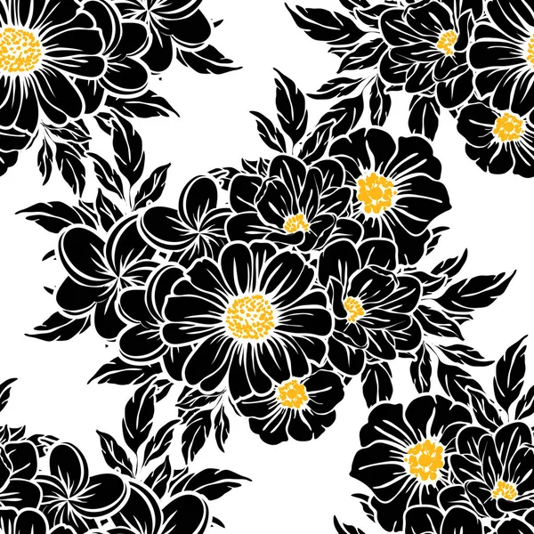 Seamless Vintage Style Flower Pattern Floral Elements Black White Yellow — Stock Vector