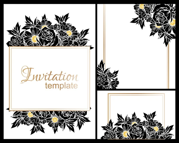 Vintage Style Flower Wedding Cards Set Floral Elements Frames Black — Stock Vector