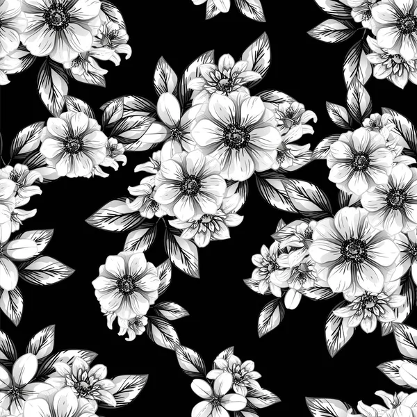 Padrão Flor Estilo Vintage Sem Costura Elementos Florais Preto Branco — Vetor de Stock