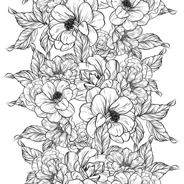 Sorunsuz vintage tarzı çiçek deseni. Siyah ve beyaz çiçek öğeleri.