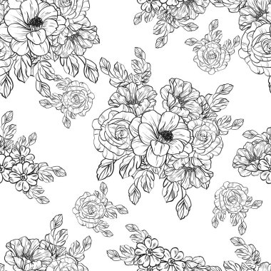 Sorunsuz vintage tarzı çiçek deseni. Siyah ve beyaz çiçek öğeleri.