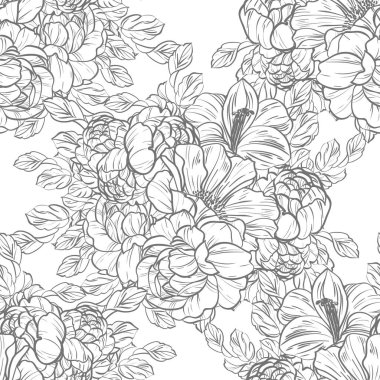 Sorunsuz vintage tarzı çiçek deseni. Siyah ve beyaz çiçek öğeleri.