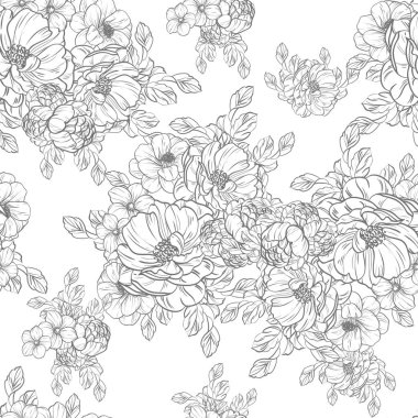 Sorunsuz vintage tarzı çiçek deseni. Siyah ve beyaz çiçek öğeleri.
