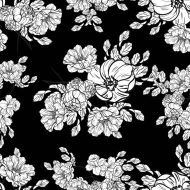 Sorunsuz vintage tarzı çiçek deseni. Siyah ve beyaz çiçek öğeleri.