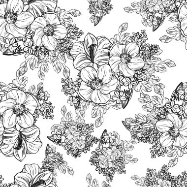 Sorunsuz vintage tarzı çiçek deseni. Siyah ve beyaz çiçek öğeleri.