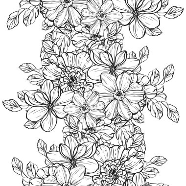 Sorunsuz vintage tarzı çiçek deseni. Siyah ve beyaz çiçek öğeleri.