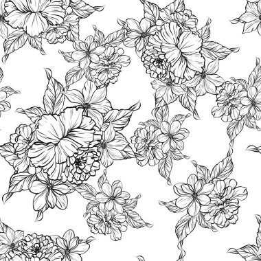 Sorunsuz vintage tarzı çiçek deseni. Siyah ve beyaz çiçek öğeleri.
