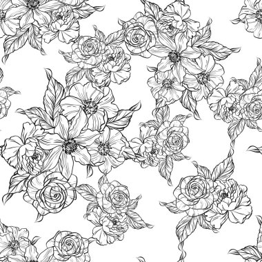Sorunsuz vintage tarzı çiçek deseni. Siyah ve beyaz çiçek öğeleri.