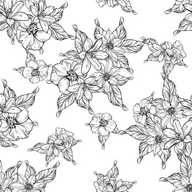 Sorunsuz vintage tarzı çiçek deseni. Siyah ve beyaz çiçek öğeleri.