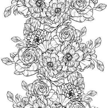 Sorunsuz vintage tarzı çiçek deseni. Siyah ve beyaz çiçek öğeleri.